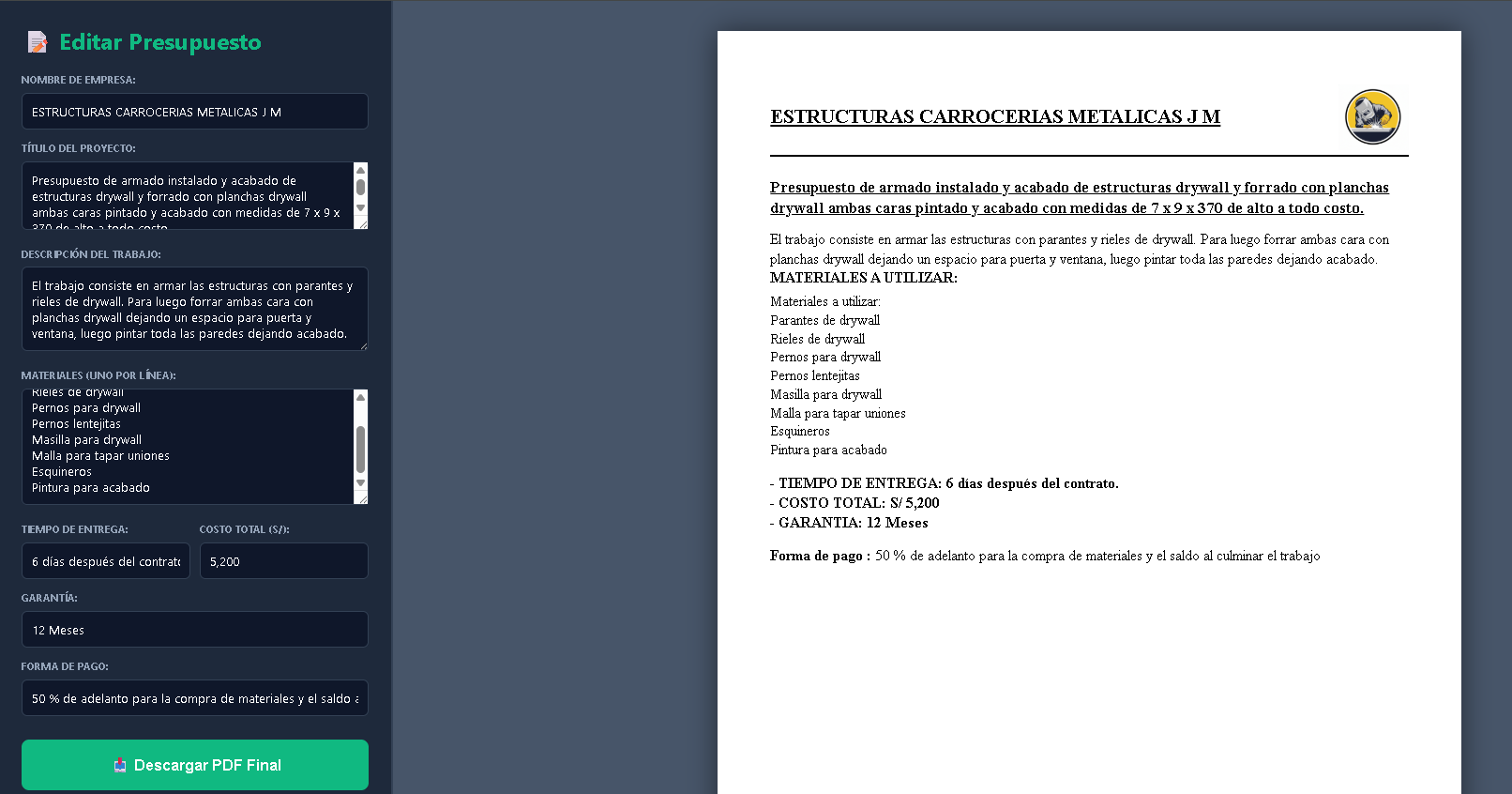Proyecto JM Estructuras - Sistema Web de Cotizaciones desarrollado por MHDevsPeru